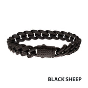Men’s 12mm Matte Black Cuban Bracelet with CNC-Set Black Spinel & Double Tab Box Clasp