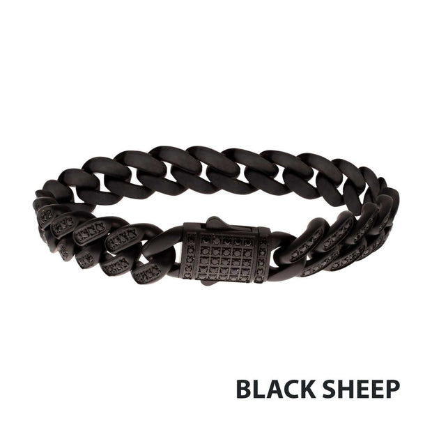 Men’s 12mm Matte Black Cuban Bracelet with CNC-Set Black Spinel & Double Tab Box Clasp