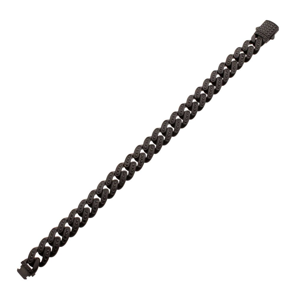 Men’s 12mm Matte Black Cuban Bracelet with CNC-Set Black Spinel & Double Tab Box Clasp