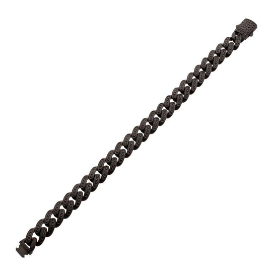 Men’s 12mm Matte Black Cuban Bracelet with CNC-Set Black Spinel & Double Tab Box Clasp