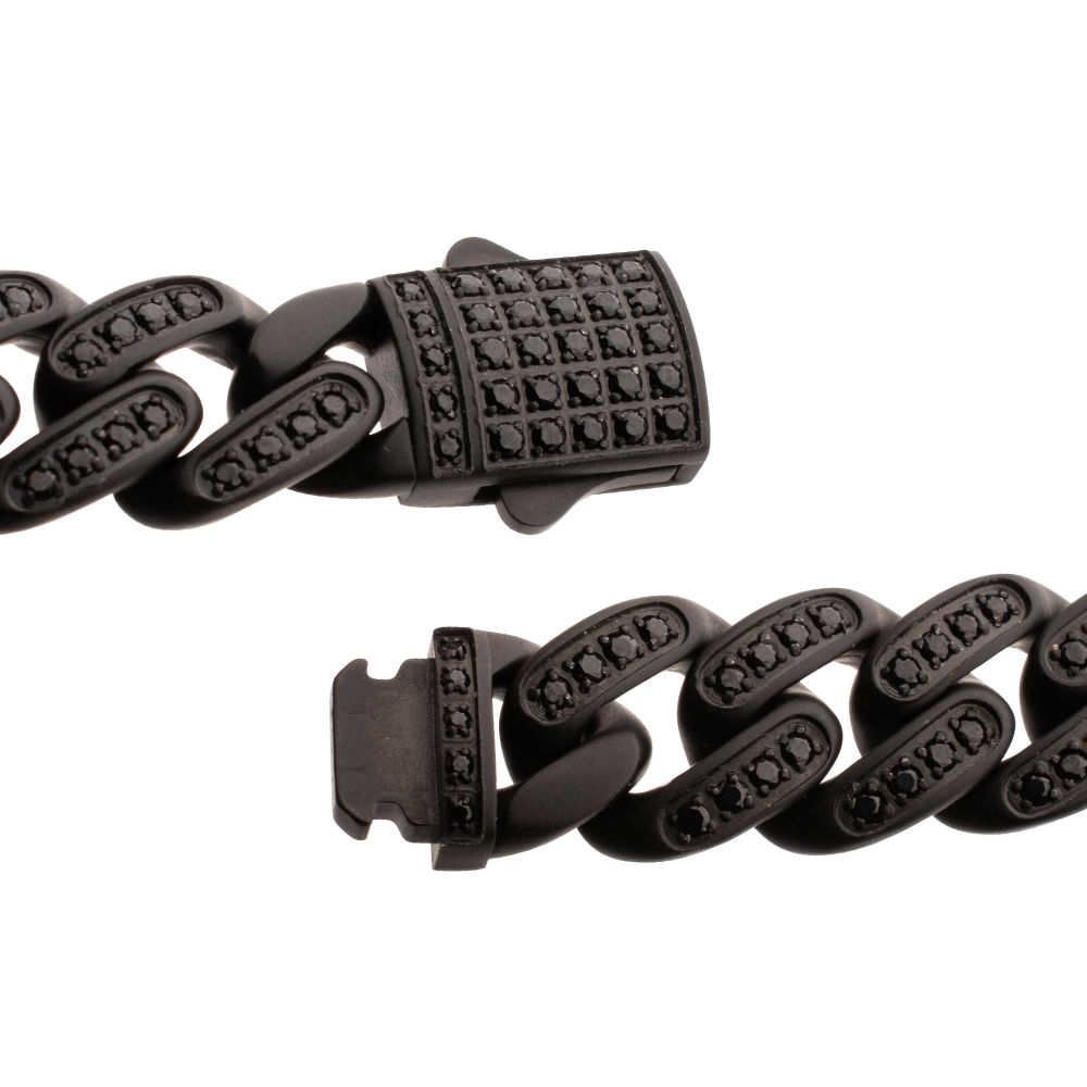 Men’s 12mm Matte Black Cuban Bracelet with CNC-Set Black Spinel & Double Tab Box Clasp