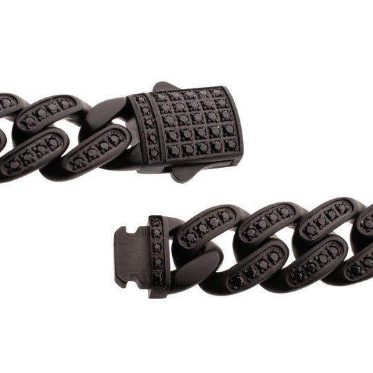 Men’s 12mm Matte Black Cuban Bracelet with CNC-Set Black Spinel & Double Tab Box Clasp