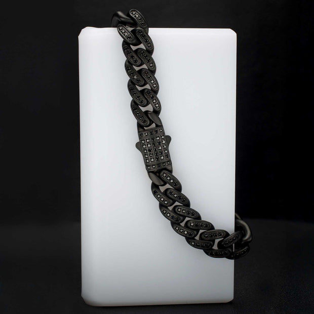 Men’s 12mm Matte Black Cuban Bracelet with CNC-Set Black Spinel & Double Tab Box Clasp
