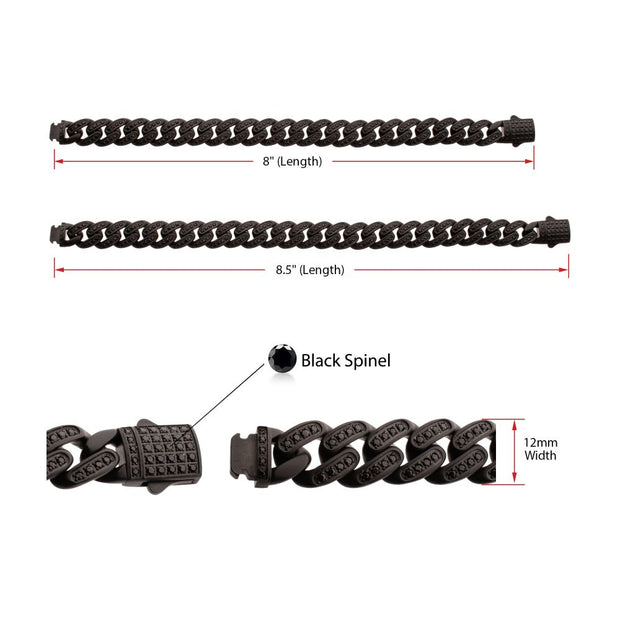 Men’s 12mm Matte Black Cuban Bracelet with CNC-Set Black Spinel & Double Tab Box Clasp