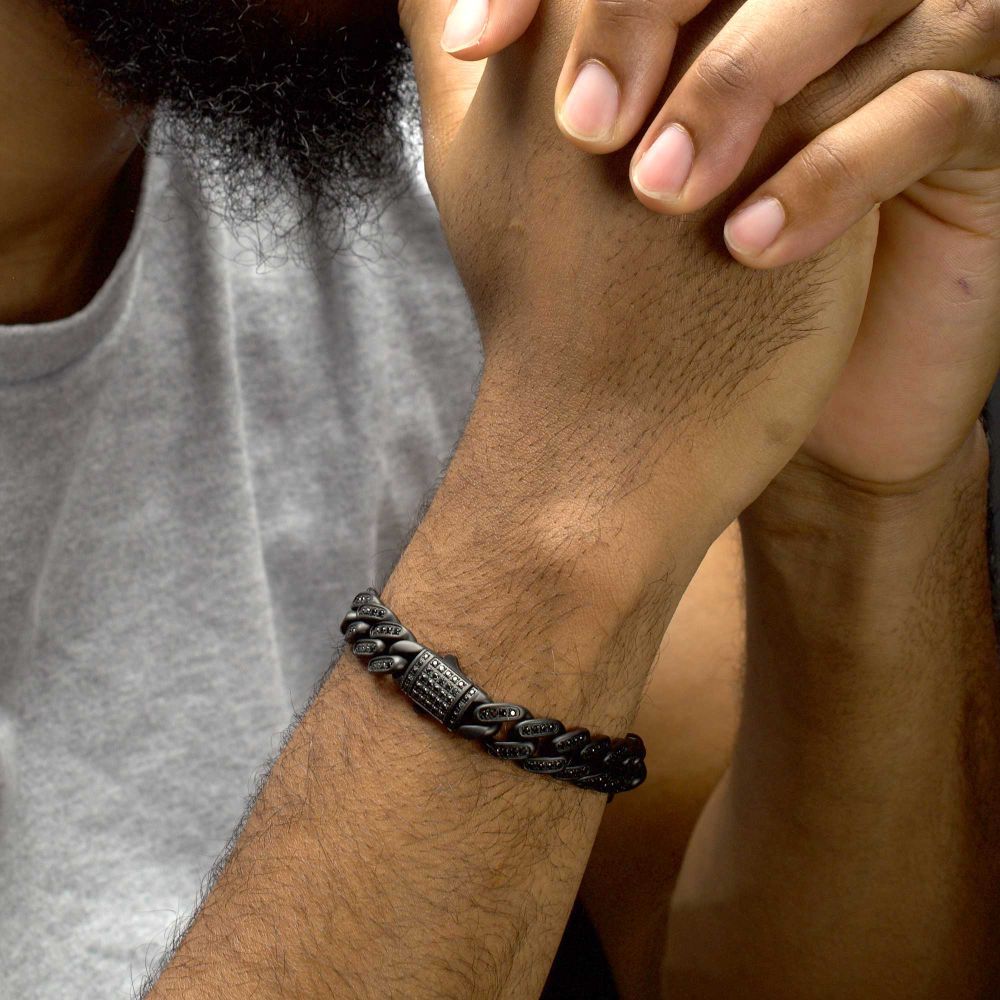 Men’s 12mm Matte Black Cuban Bracelet with CNC-Set Black Spinel & Double Tab Box Clasp