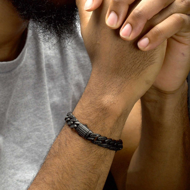 Men’s 12mm Matte Black Cuban Bracelet with CNC-Set Black Spinel & Double Tab Box Clasp