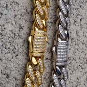 12mm 18Kt Gold IP Miami Cuban Chain Bracelet with CNC Precision Set Full Clear Cubic Zirconia Double Tab Box Clasp