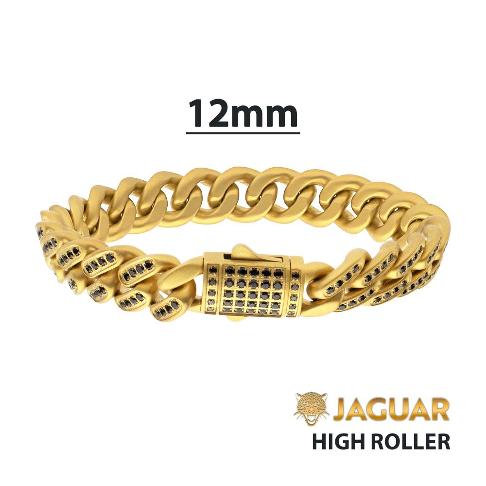 Men's JAGUAR-HIGH ROLLER: 12mm 18Kt Gold IP Steel Miami Cuban with Black Spinel Chain Bracelet