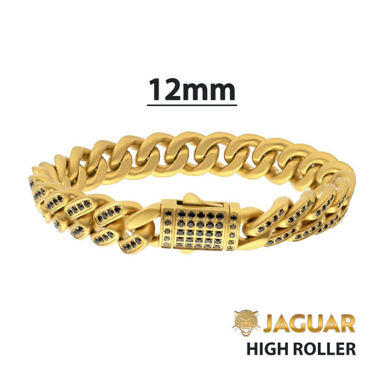 Men's JAGUAR-HIGH ROLLER: 12mm 18Kt Gold IP Steel Miami Cuban with Black Spinel Chain Bracelet