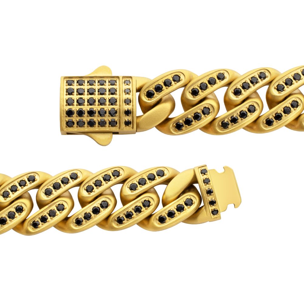 Men's JAGUAR-HIGH ROLLER: 12mm 18Kt Gold IP Steel Miami Cuban with Black Spinel Chain Bracelet