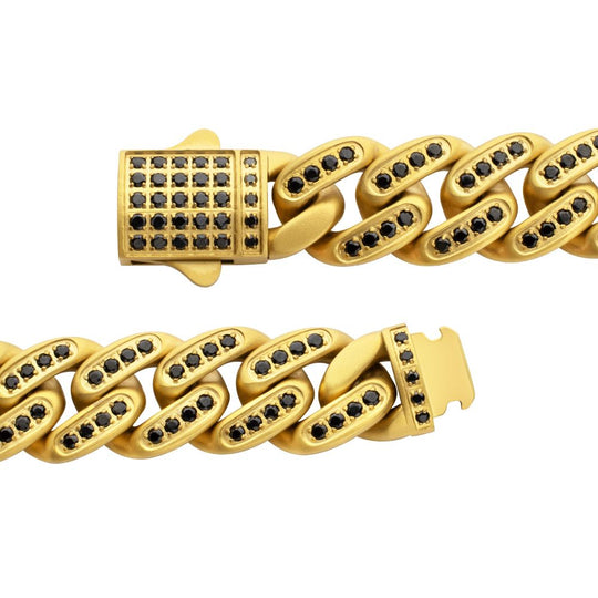 Men's JAGUAR-HIGH ROLLER: 12mm 18Kt Gold IP Steel Miami Cuban with Black Spinel Chain Bracelet