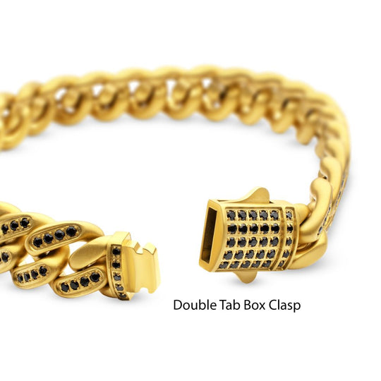 Men's JAGUAR-HIGH ROLLER: 12mm 18Kt Gold IP Steel Miami Cuban with Black Spinel Chain Bracelet