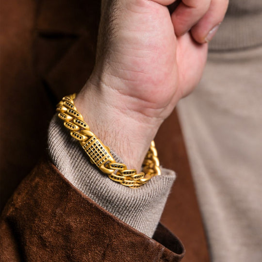 Men's JAGUAR-HIGH ROLLER: 12mm 18Kt Gold IP Steel Miami Cuban with Black Spinel Chain Bracelet