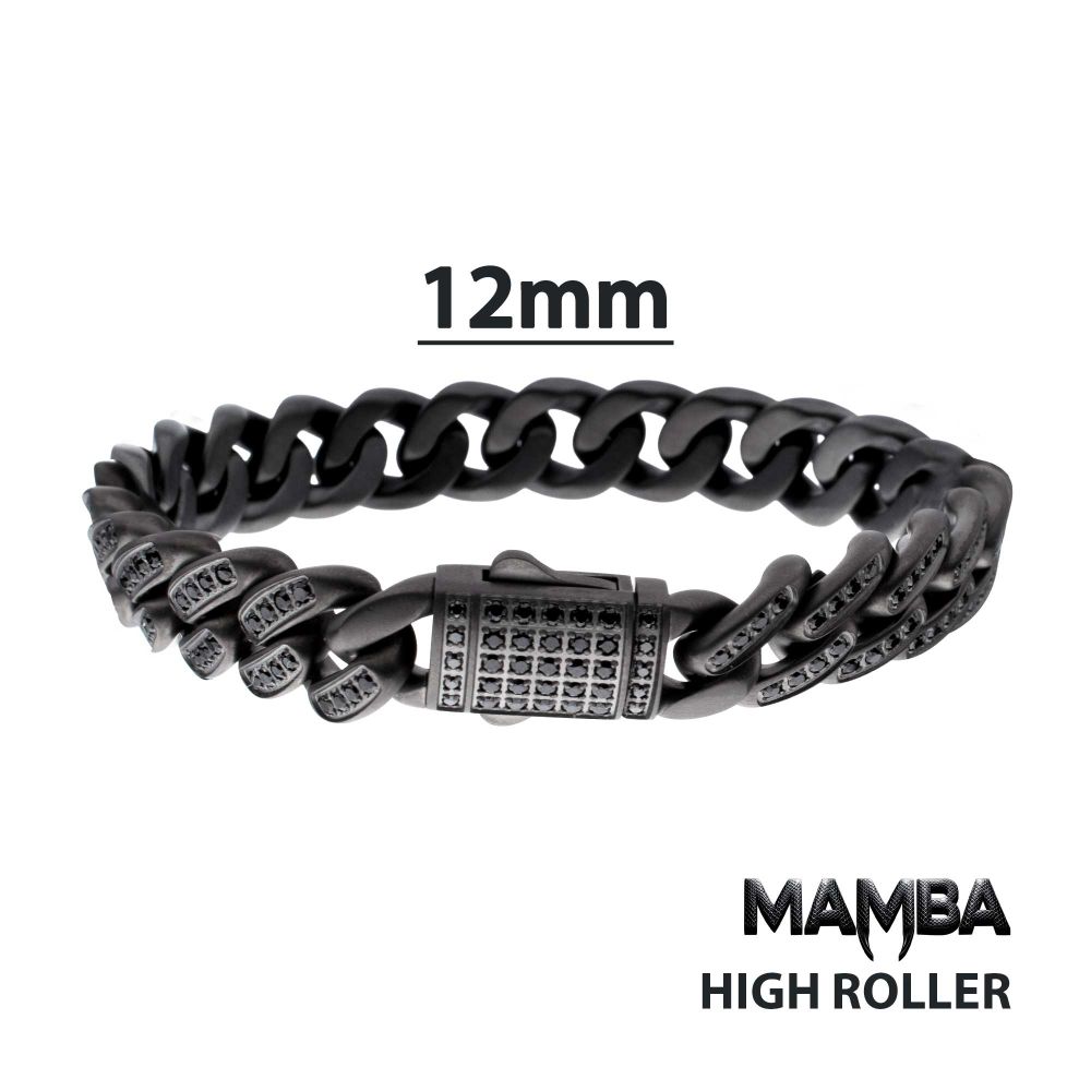 Men's MAMBA -HIGH ROLLER: 12mm Gun Metal IP Steel Miami Cuban with Black Spinel Chain Bracelet