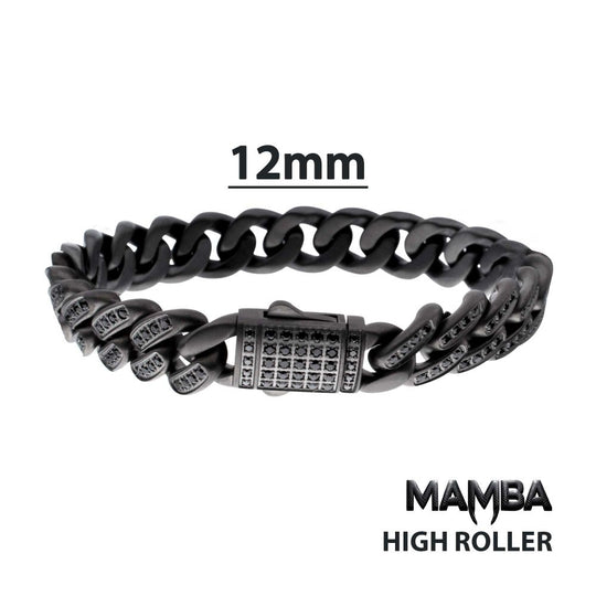 Men's MAMBA -HIGH ROLLER: 12mm Gun Metal IP Steel Miami Cuban with Black Spinel Chain Bracelet