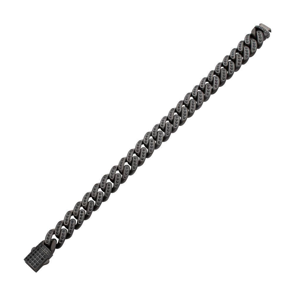 Men's MAMBA -HIGH ROLLER: 12mm Gun Metal IP Steel Miami Cuban with Black Spinel Chain Bracelet