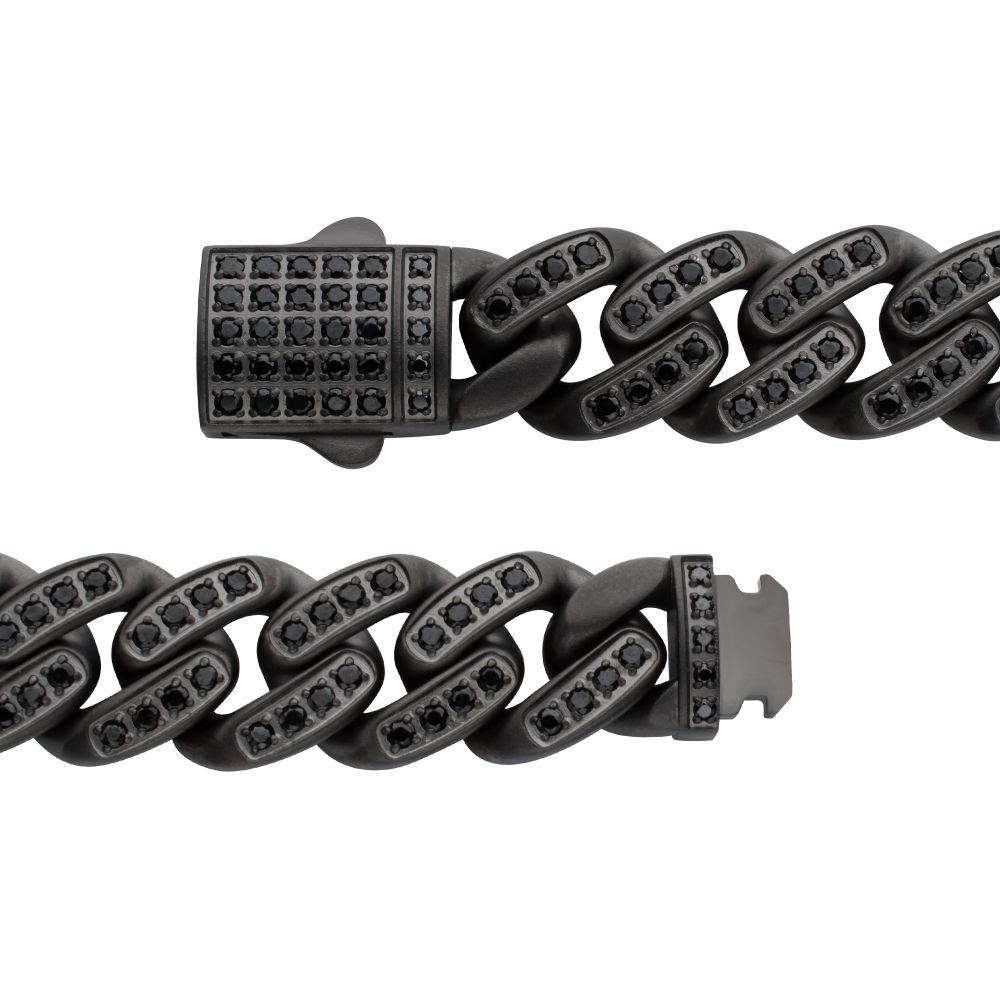 Men's MAMBA -HIGH ROLLER: 12mm Gun Metal IP Steel Miami Cuban with Black Spinel Chain Bracelet