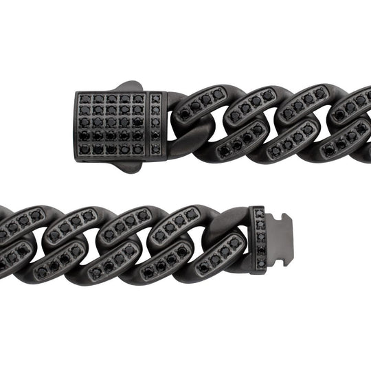 Men's MAMBA -HIGH ROLLER: 12mm Gun Metal IP Steel Miami Cuban with Black Spinel Chain Bracelet