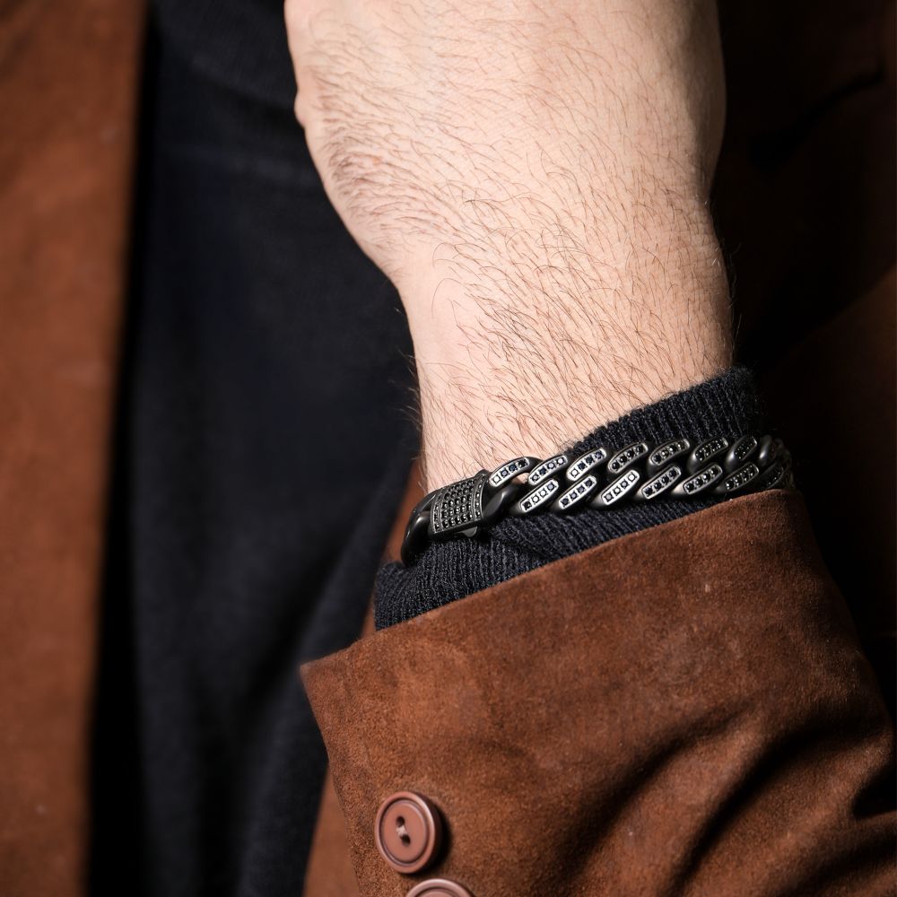 Men's MAMBA -HIGH ROLLER: 12mm Gun Metal IP Steel Miami Cuban with Black Spinel Chain Bracelet