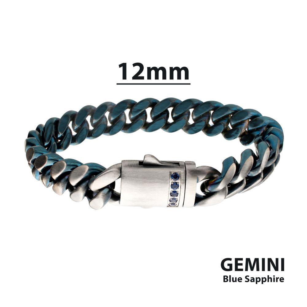 Men's Matte Blue Cuban Chain Bracelet with Black Sapphire Clasp