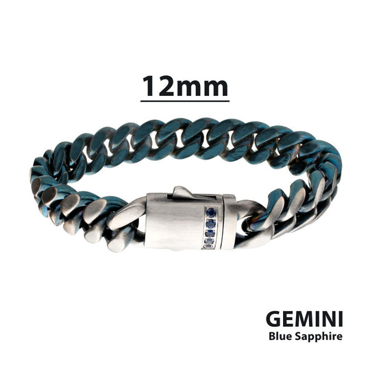 Men's Matte Blue Cuban Chain Bracelet with Black Sapphire Clasp