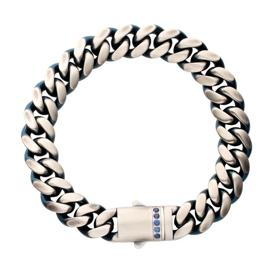 Men's Matte Blue Cuban Chain Bracelet with Black Sapphire Clasp