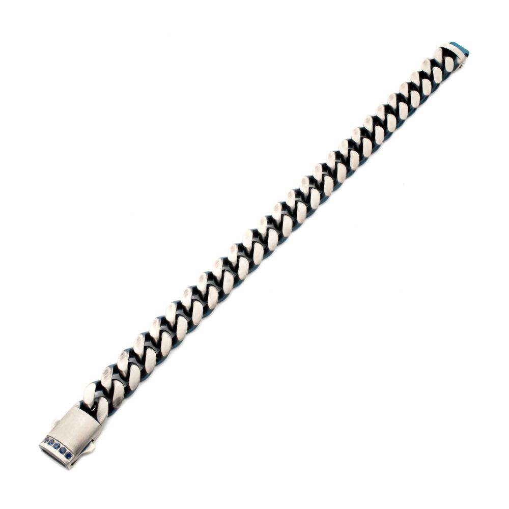 Men's Matte Blue Cuban Chain Bracelet with Black Sapphire Clasp