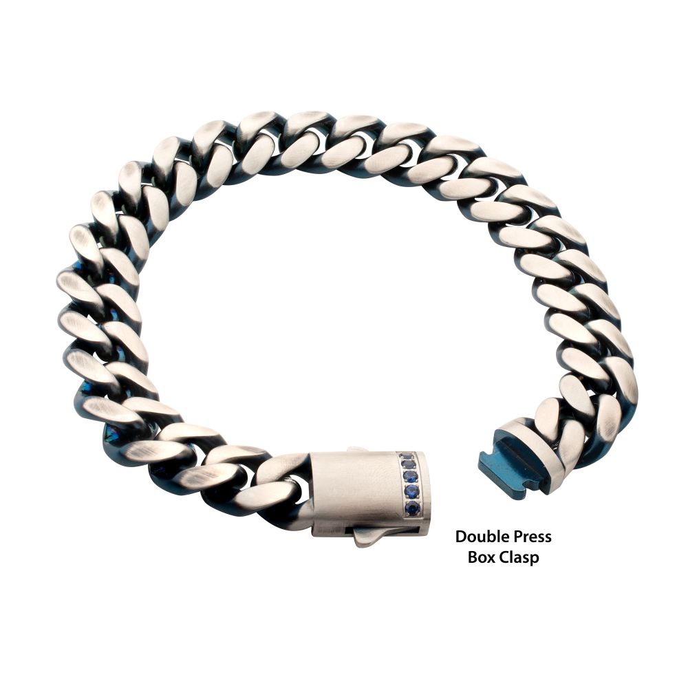 Men's Matte Blue Cuban Chain Bracelet with Black Sapphire Clasp