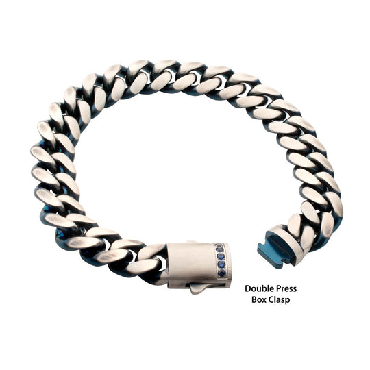 Men's Matte Blue Cuban Chain Bracelet with Black Sapphire Clasp