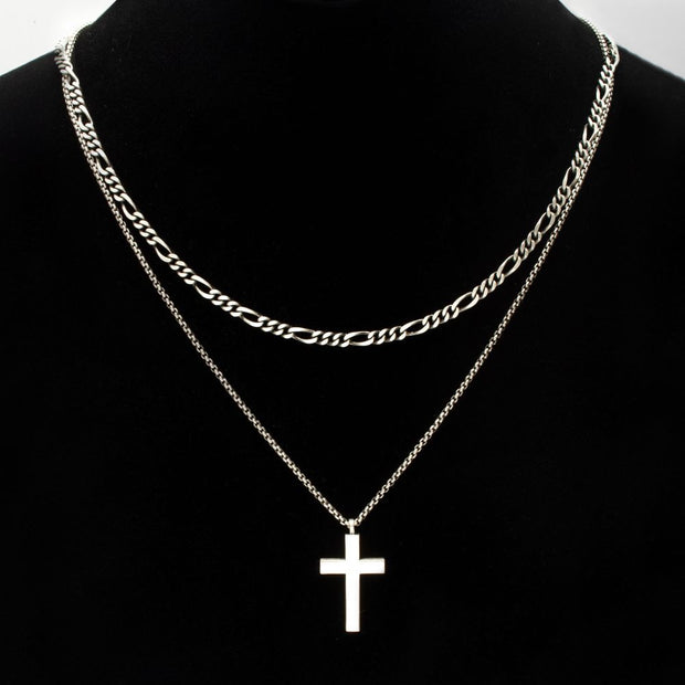 925 Sterling Silver Curb Chain & Chevron Cross Pendant Set