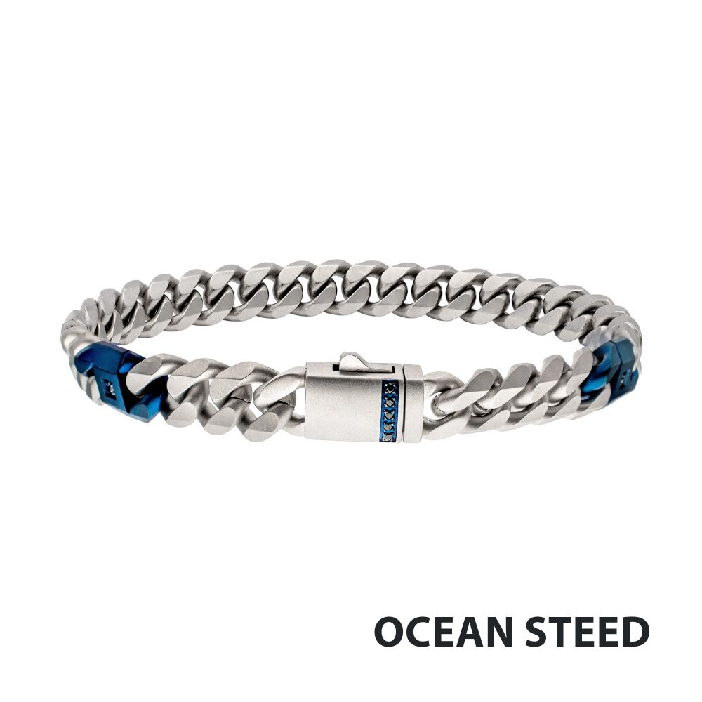Men's OCEAN STEED: Matte Finish Steel Beveled Cuban with Two Blue IP Links & Black Sapphire Chain Bracelet