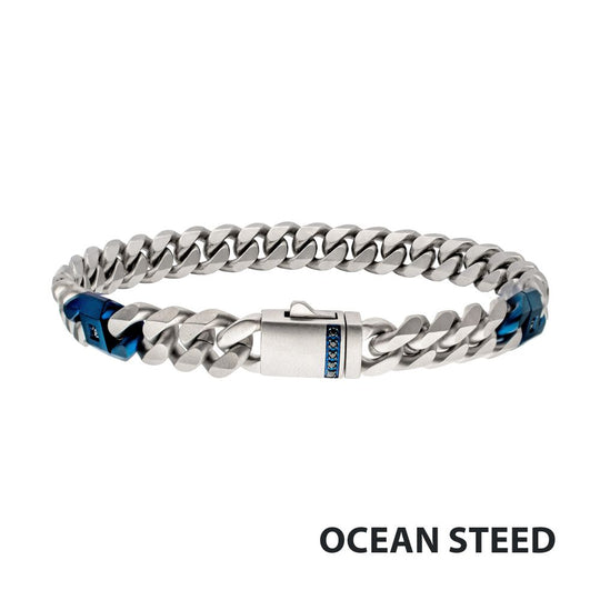 Men's OCEAN STEED: Matte Finish Steel Beveled Cuban with Two Blue IP Links & Black Sapphire Chain Bracelet