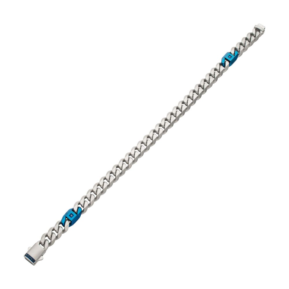 Men's OCEAN STEED: Matte Finish Steel Beveled Cuban with Two Blue IP Links & Black Sapphire Chain Bracelet