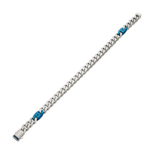 Men's OCEAN STEED: Matte Finish Steel Beveled Cuban with Two Blue IP Links & Black Sapphire Chain Bracelet