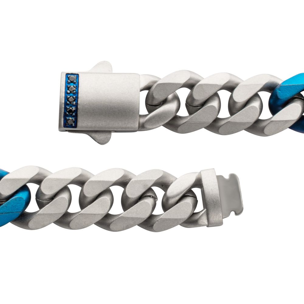 Men's OCEAN STEED: Matte Finish Steel Beveled Cuban with Two Blue IP Links & Black Sapphire Chain Bracelet