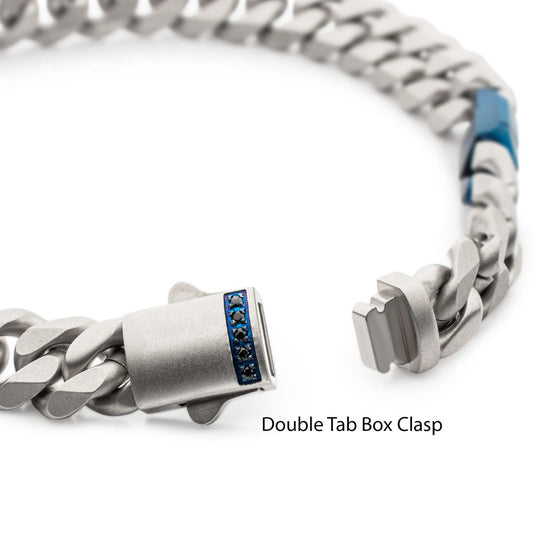 Men's OCEAN STEED: Matte Finish Steel Beveled Cuban with Two Blue IP Links & Black Sapphire Chain Bracelet