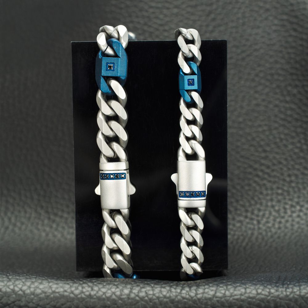 Men's OCEAN STEED: Matte Finish Steel Beveled Cuban with Two Blue IP Links & Black Sapphire Chain Bracelet