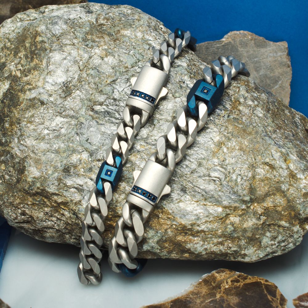 Men's OCEAN STEED: Matte Finish Steel Beveled Cuban with Two Blue IP Links & Black Sapphire Chain Bracelet