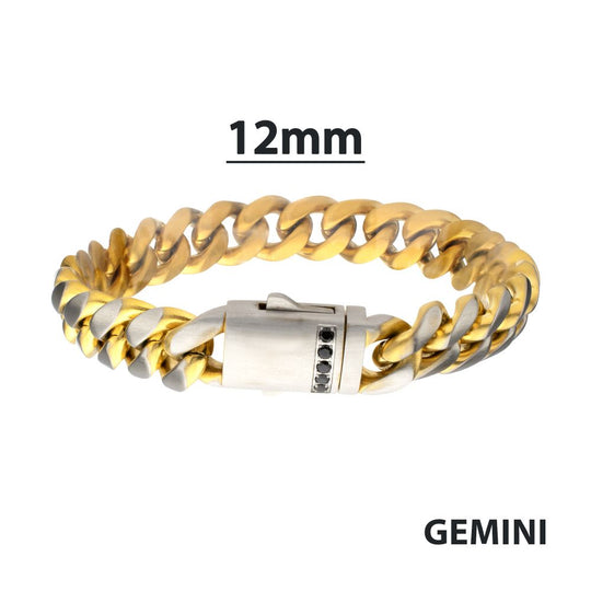 Men's GEMINI SOLSTICE: 12mm 18Kt Gold IP Matte Steel Cuban Chain with Black Sapphire Clasp Reversible Bracelet