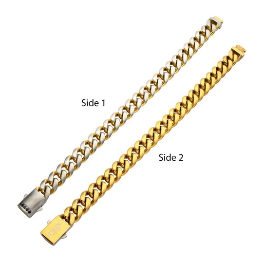 Men's GEMINI SOLSTICE: 12mm 18Kt Gold IP Matte Steel Cuban Chain with Black Sapphire Clasp Reversible Bracelet