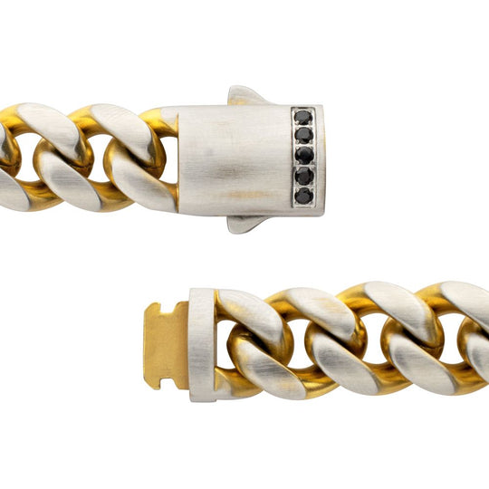 Men's GEMINI SOLSTICE: 12mm 18Kt Gold IP Matte Steel Cuban Chain with Black Sapphire Clasp Reversible Bracelet