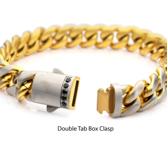 Men's GEMINI SOLSTICE: 12mm 18Kt Gold IP Matte Steel Cuban Chain with Black Sapphire Clasp Reversible Bracelet