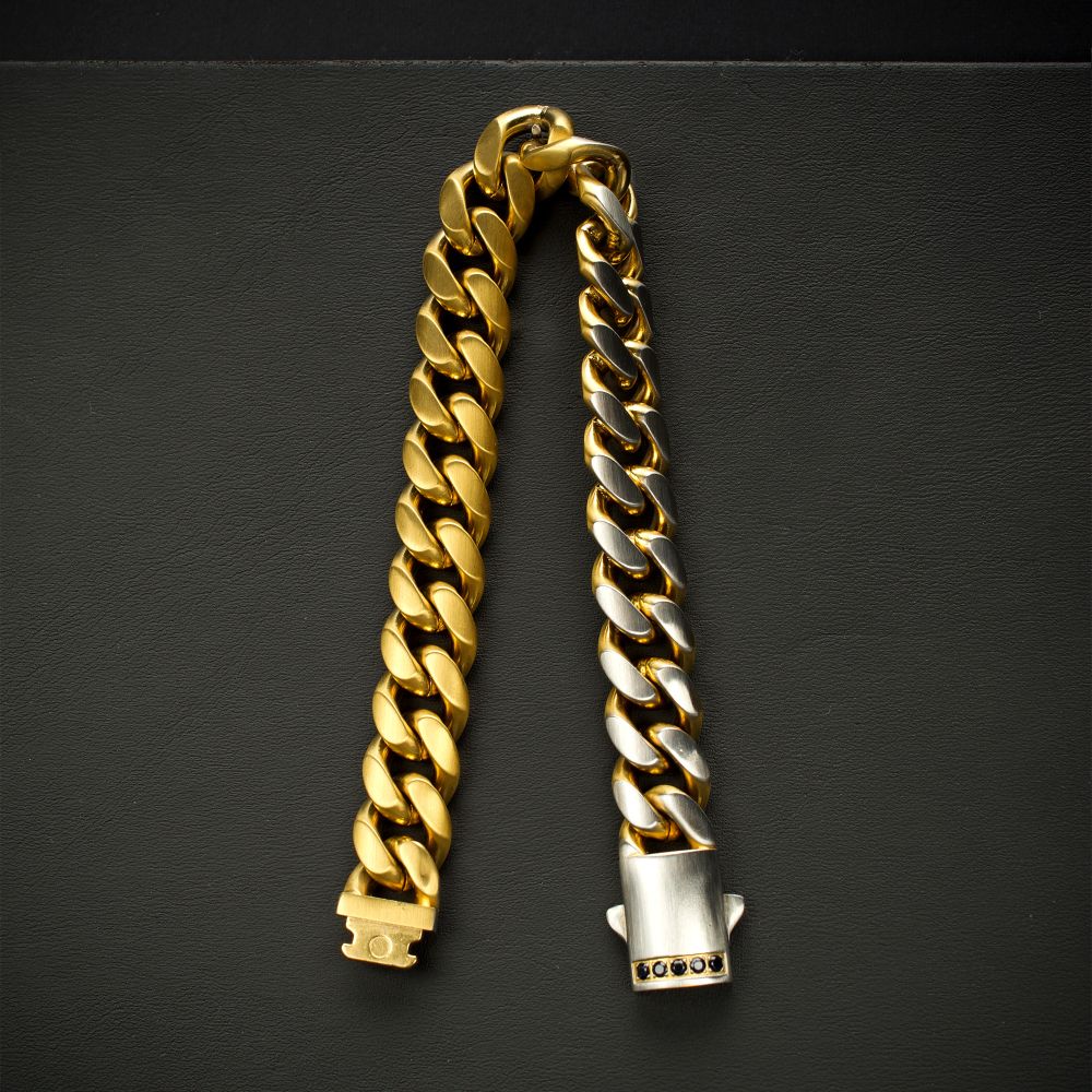 Men's GEMINI SOLSTICE: 12mm 18Kt Gold IP Matte Steel Cuban Chain with Black Sapphire Clasp Reversible Bracelet