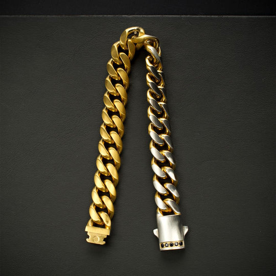 Men's GEMINI SOLSTICE: 12mm 18Kt Gold IP Matte Steel Cuban Chain with Black Sapphire Clasp Reversible Bracelet