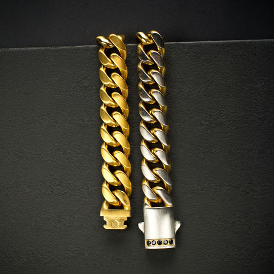 Men's GEMINI SOLSTICE: 12mm 18Kt Gold IP Matte Steel Cuban Chain with Black Sapphire Clasp Reversible Bracelet