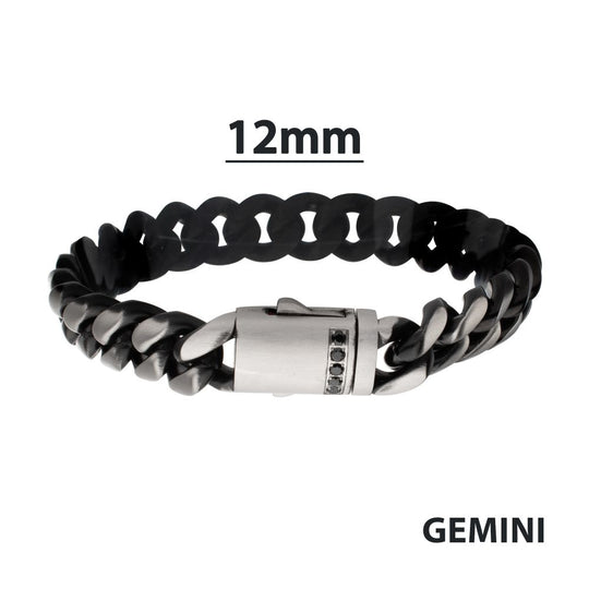 Men's GEMINI EQUINOX: 12mm Black IP Matte Steel Cuban Chain with Black Sapphire Clasp Reversible Bracelet