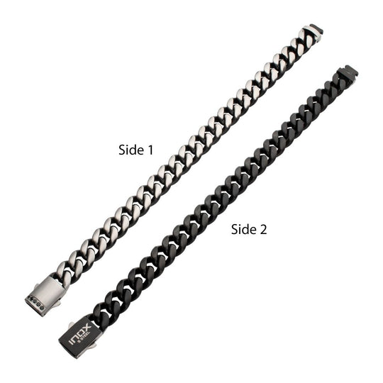 Men's GEMINI EQUINOX: 12mm Black IP Matte Steel Cuban Chain with Black Sapphire Clasp Reversible Bracelet