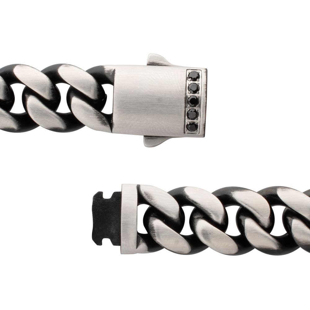 Men's GEMINI EQUINOX: 12mm Black IP Matte Steel Cuban Chain with Black Sapphire Clasp Reversible Bracelet