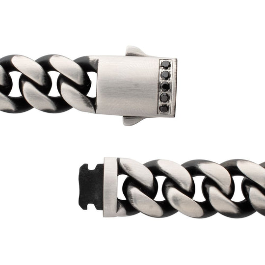 Men's GEMINI EQUINOX: 12mm Black IP Matte Steel Cuban Chain with Black Sapphire Clasp Reversible Bracelet