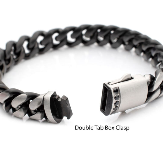 Men's GEMINI EQUINOX: 12mm Black IP Matte Steel Cuban Chain with Black Sapphire Clasp Reversible Bracelet